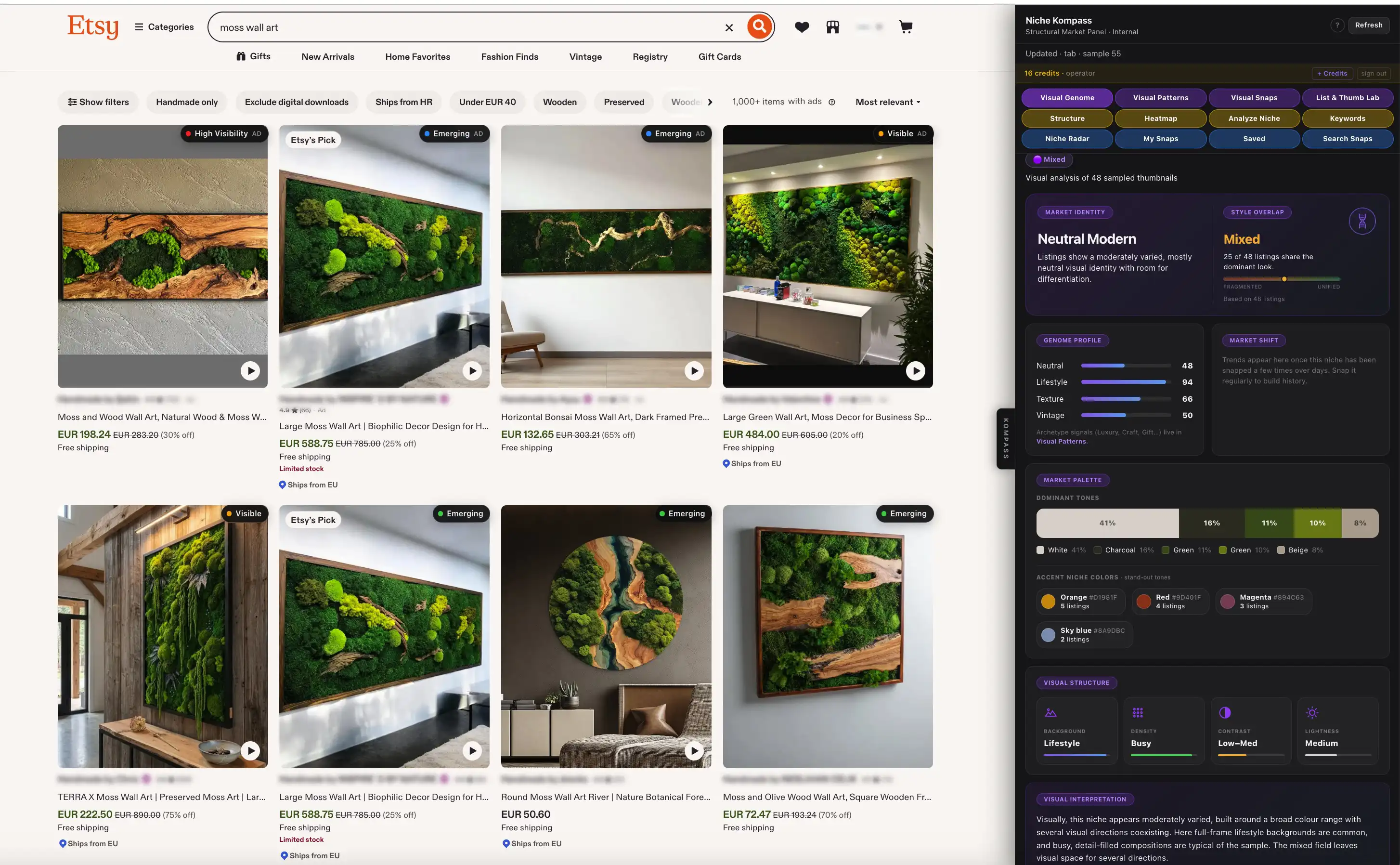 Niche Kompass inside Etsy search