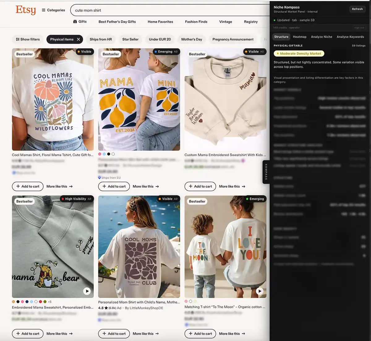 Niche Kompass panel showing market structure analysis inside Etsy search